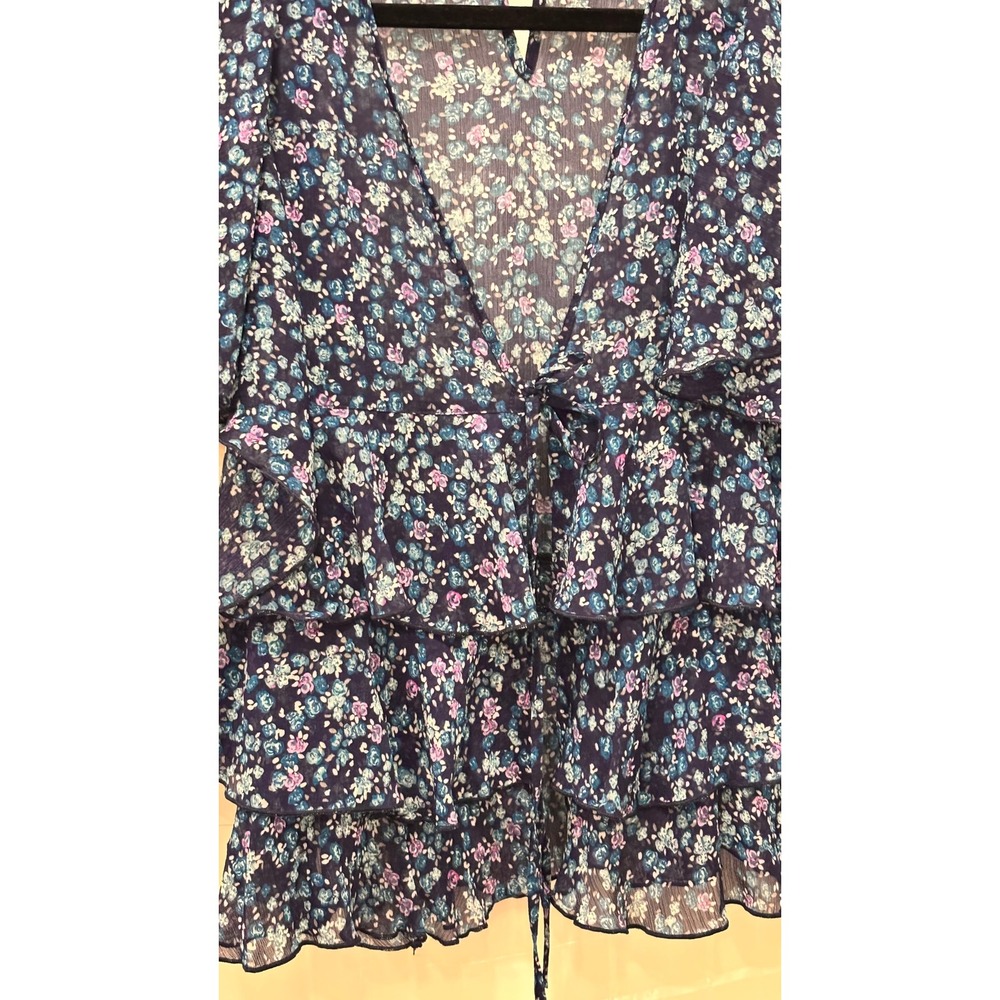 LC Lauren Conrad Floral Ruffle Tiered Tie Front Top Blue XS